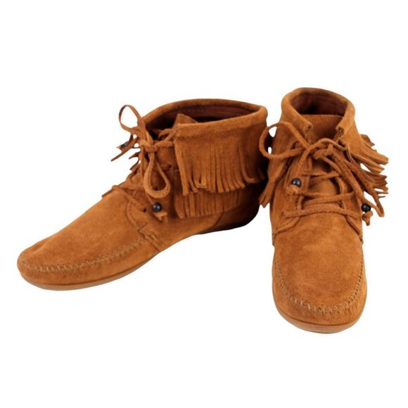 Minnetonka TAN BROWN GENUINE LEATHER SUEDE FLAT LACE ROUND TOE ANKLE BOOTS Sz 7 - Picture 5 of 9